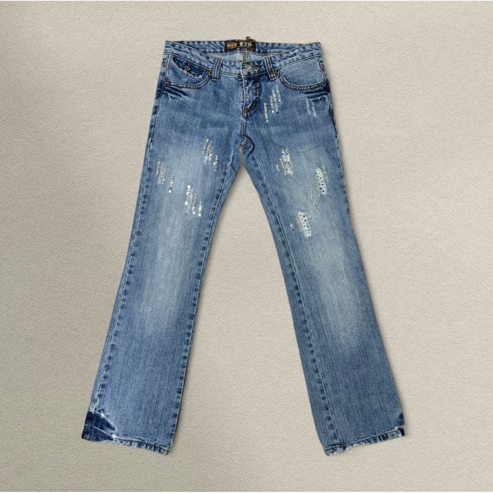 Y2K Euro Glam Low Rise Jeans Rhinestone Sequin Embellished Denim Size 28 Mcbling